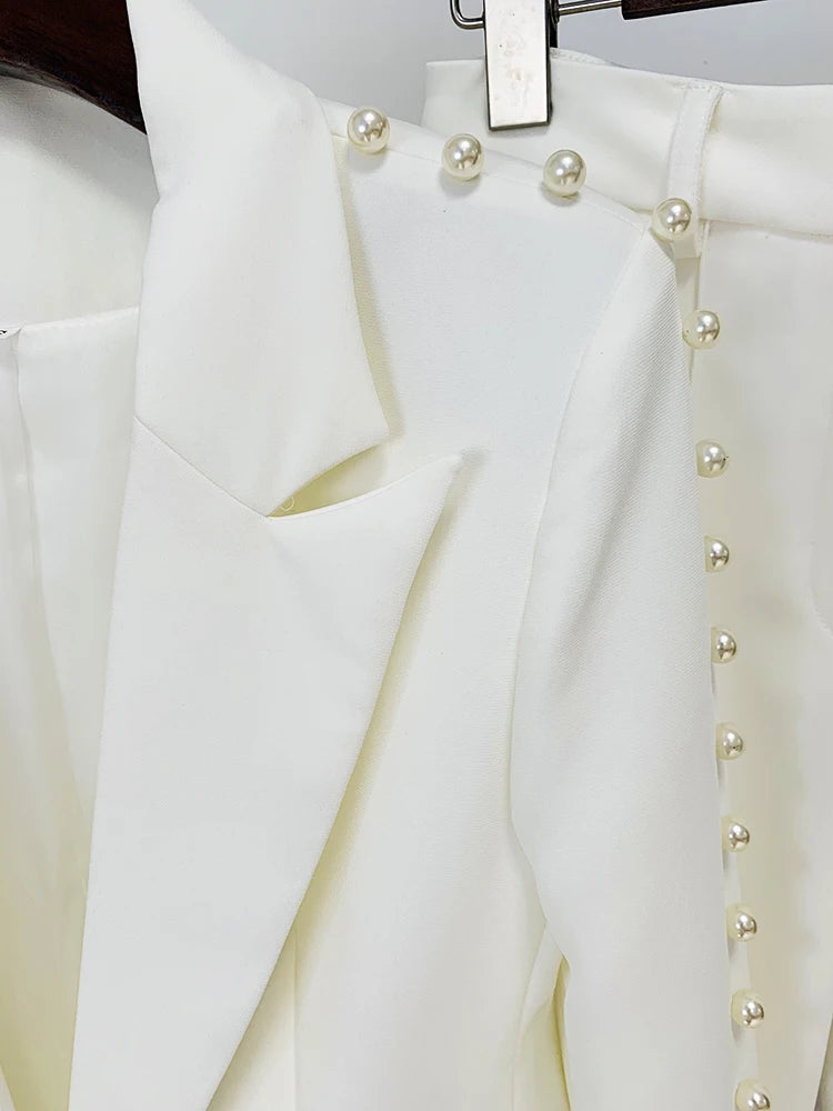 Pearl Decoration Single Button Blazer Pants Suit - Divawearfashion