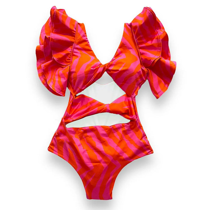 Shoulder Ruffle Tie Die Solid One Piece Swimsuit - Divawearfashion