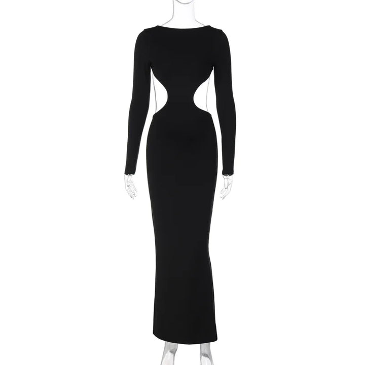 Cut Out Long Sleeve Backless Maxi Bodycon Dress - Divawearfashion