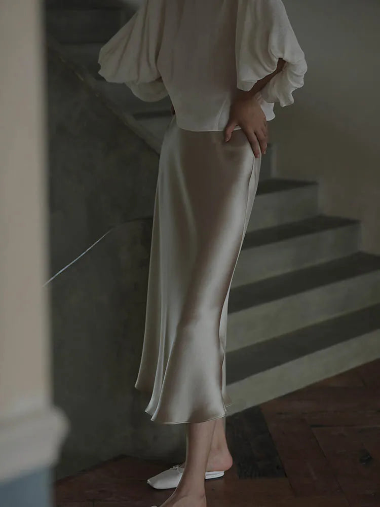 A-Line Satin Silk Long Skirt - Divawearfashion