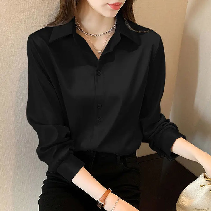 Long Sleeve Button Up Loose Solid Blouse - Divawearfashion