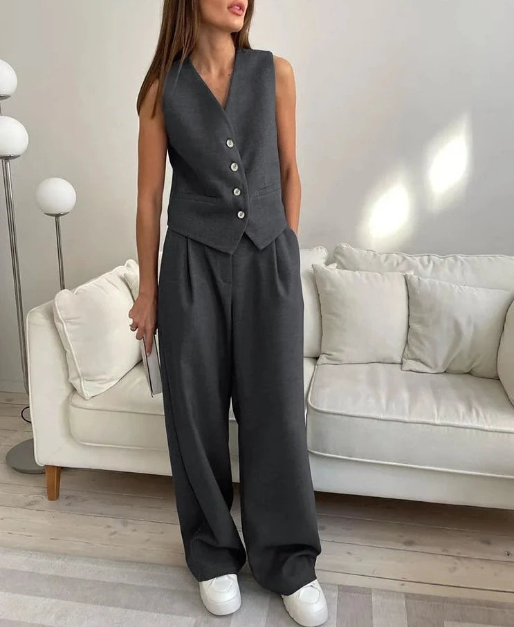 2 PCS V Neck Tank Button Up Top & Pleated Long Pant - Divawearfashion