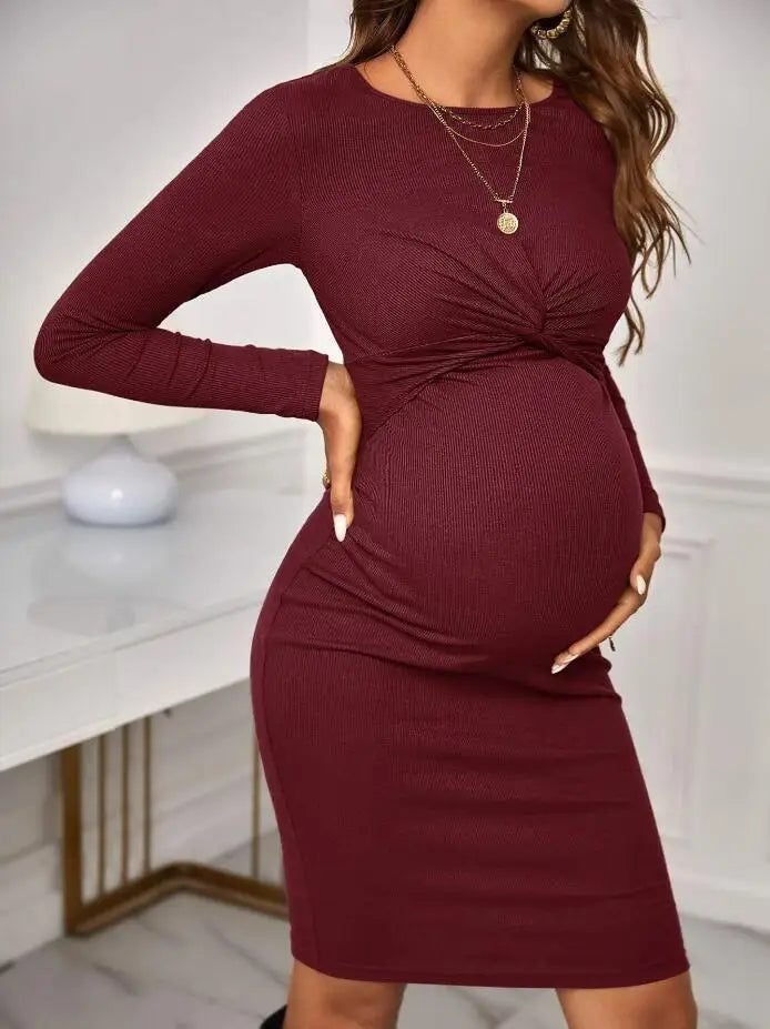 Long Sleeve Criss Cross Knitted Maternity Dress - Divawearfashion