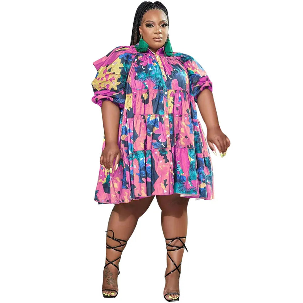 Plus Size Tie Dye Loose Shirt Midi Dress