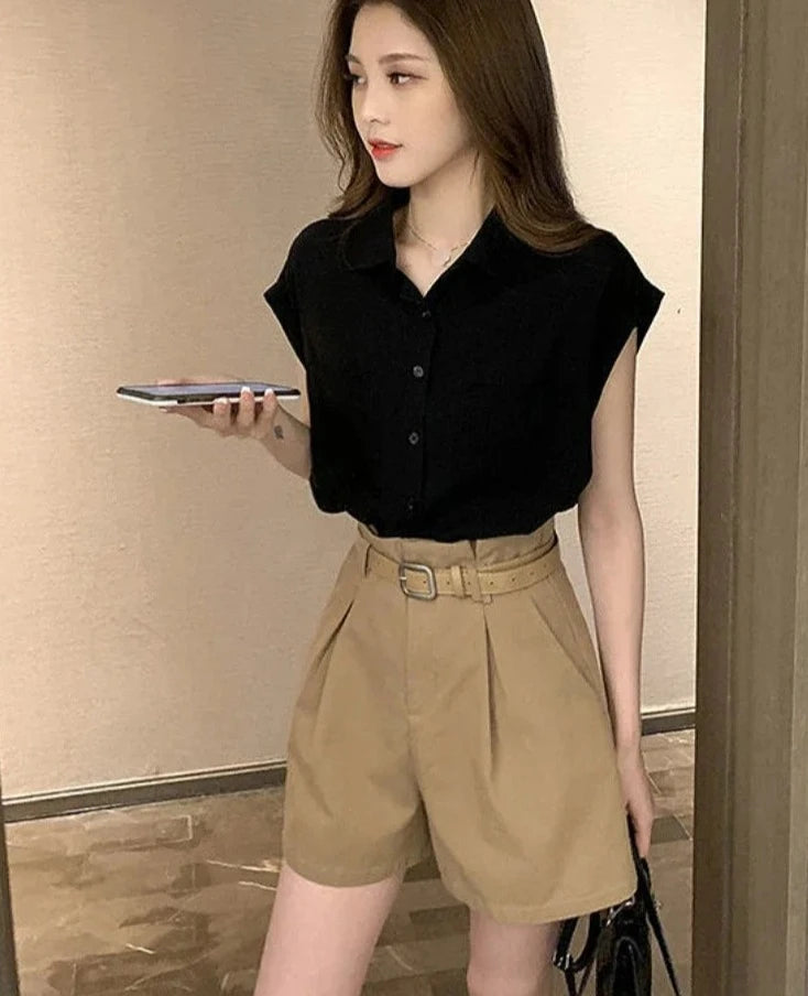 2 PC Loose Sleeveless French Shirt with Wide Leg Shorts - Divawearfashion