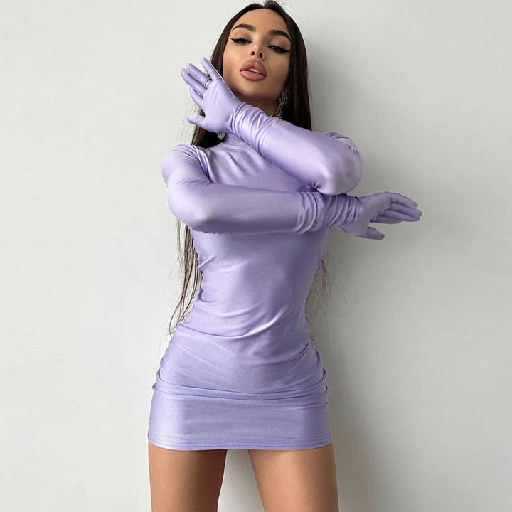 Long Sleeve With Gloves Mini Bodycon Dress with Turtle Neck - Divawearfashion
