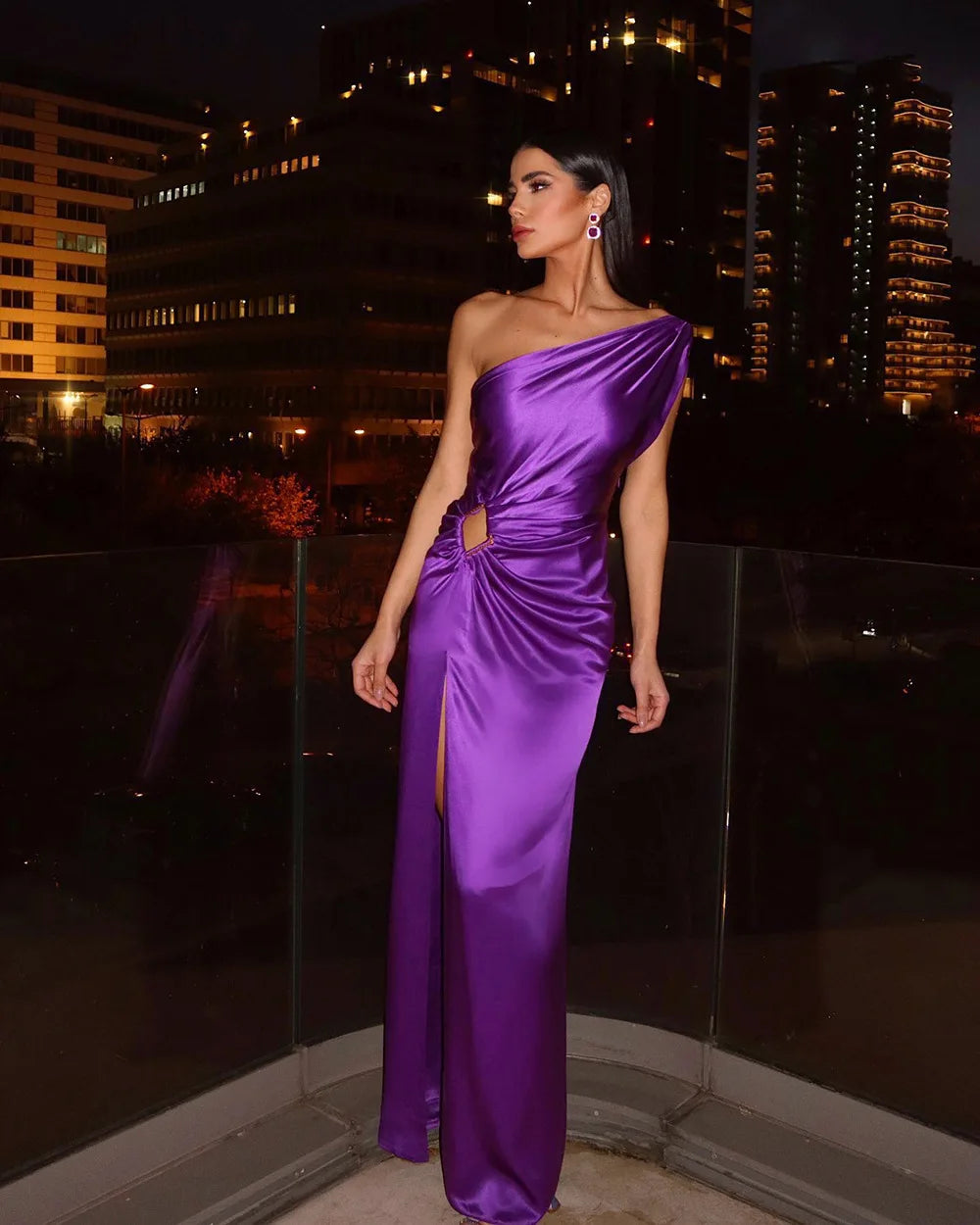 Purple One Shoulder Draped Sequin Cutout High Slit Long Dress