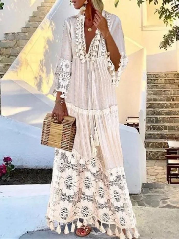 Tassel Sexy V-Neck Boho Long Dress - Divawearfashion