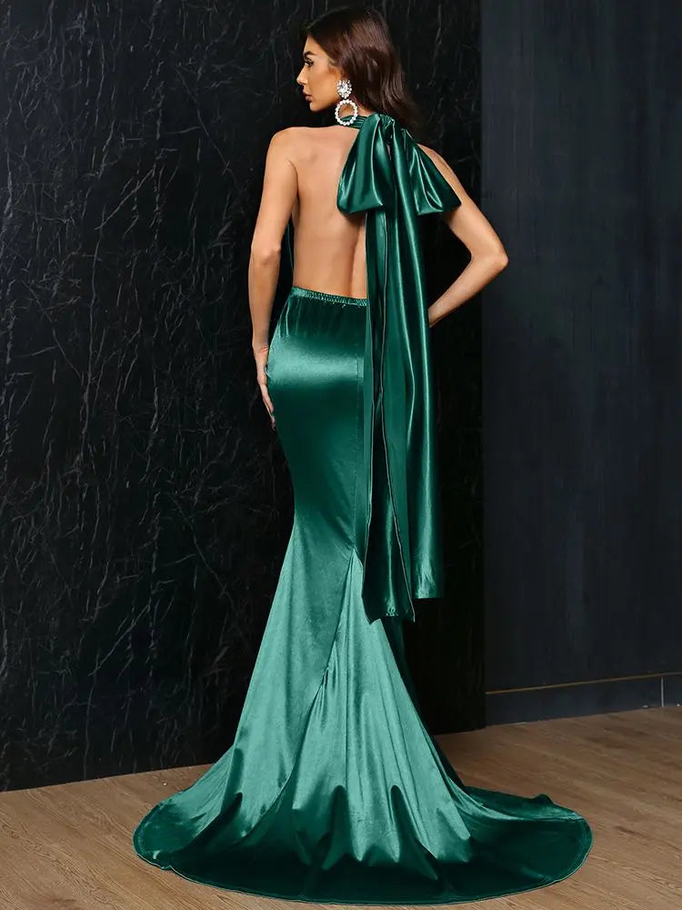 Green Satin V-Neck Halter Backless Long Dress - Divawearfashion