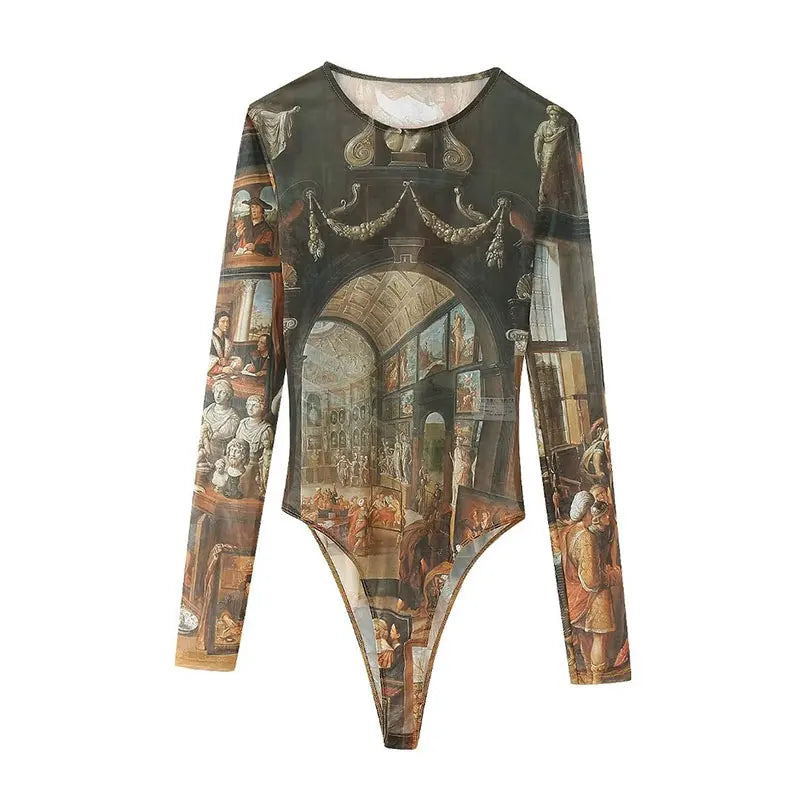 O-Neck Print Long Sleeves Fitting Bodysuit - Divawearfashion