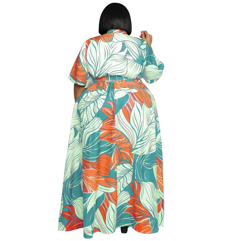 Plus Size Short Sleeve Print Maxi Dress - Divawearfashion