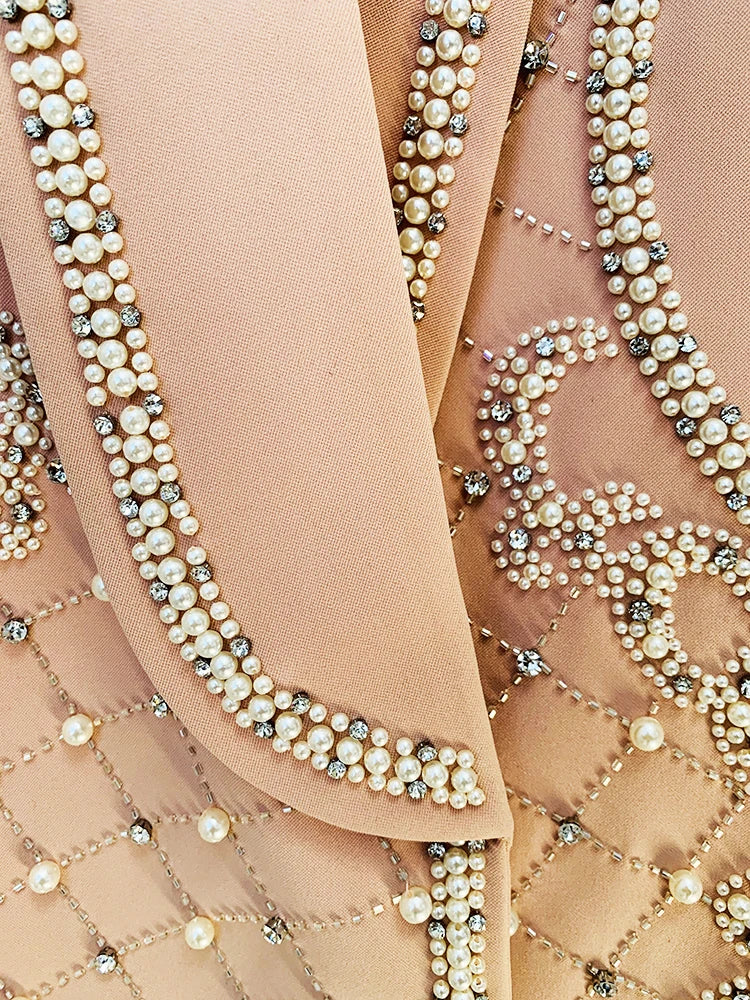 Shawl Collar Stunning Diamonds Pearls Beaded Blazer Dress - Divawearfashion