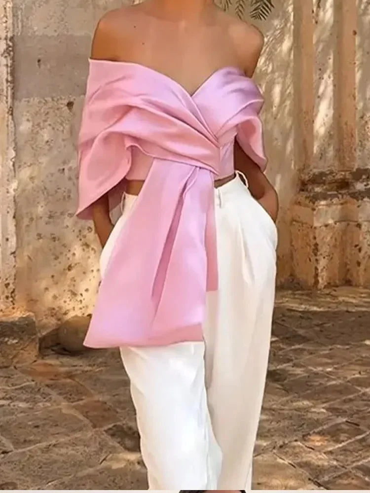 Pleated Satin Pink Bow Off Shoulder Tank Top - Divawearfashion