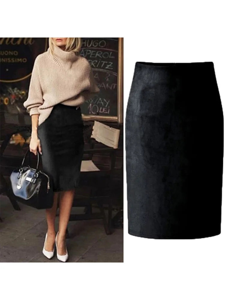 Suede Midi Pencil Skirt with Elastic High Waist - Divawearfashion