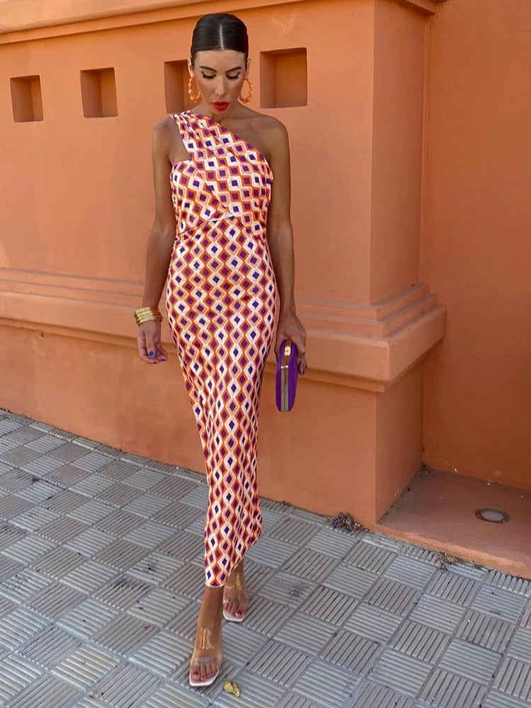 Chic Printed Oblique Shoulder Slim Long Dress - Divawearfashion