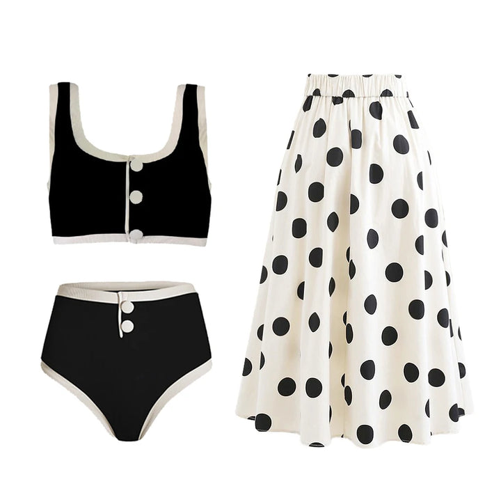 Bow Tie Black & White Retro One Piece Swimsuit with Skirt - Divawearfashion