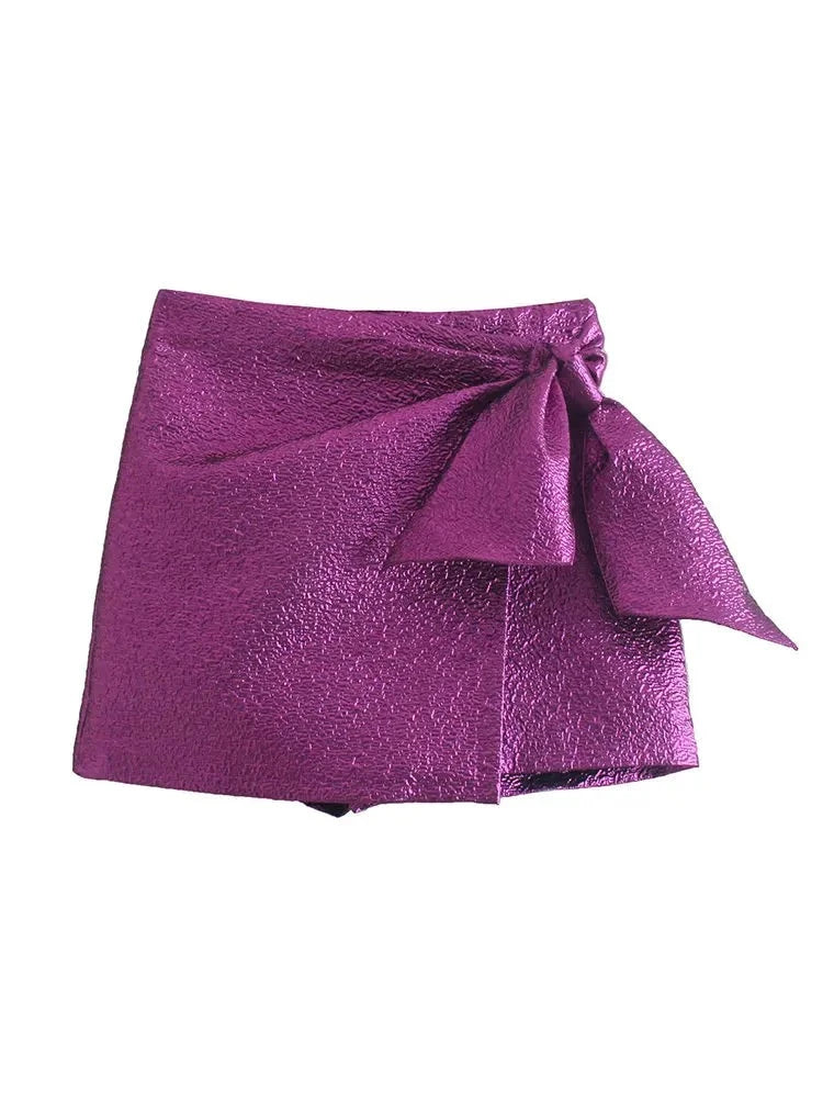 Textured Skort with Bow Knot High-waisted Invisible Side Zipper - Divawearfashion