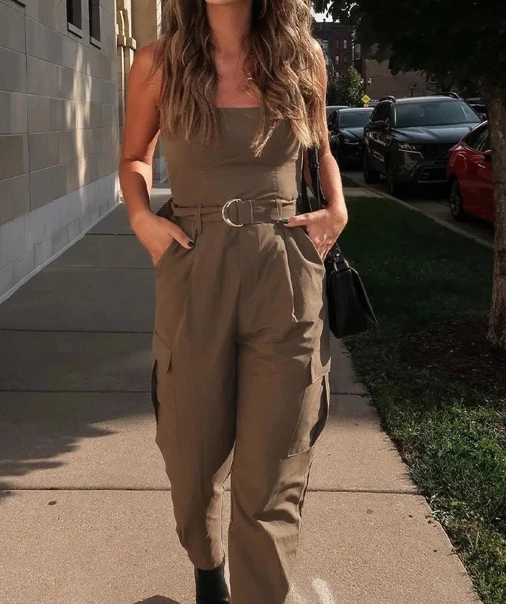 Strapless Cargo Style Jumpsuit With Belt - Divawearfashion