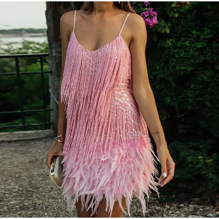 Spaghetti Strap Sequins Feather Mini Dress - Divawearfashion