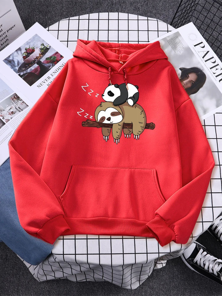 Panda Lying On A Sloth Prints Women Sweatshirt Autumn Fleece Warm Hooded Casual Fashion Hoodies All-Match Unisex Sportswear - Divawearfashion