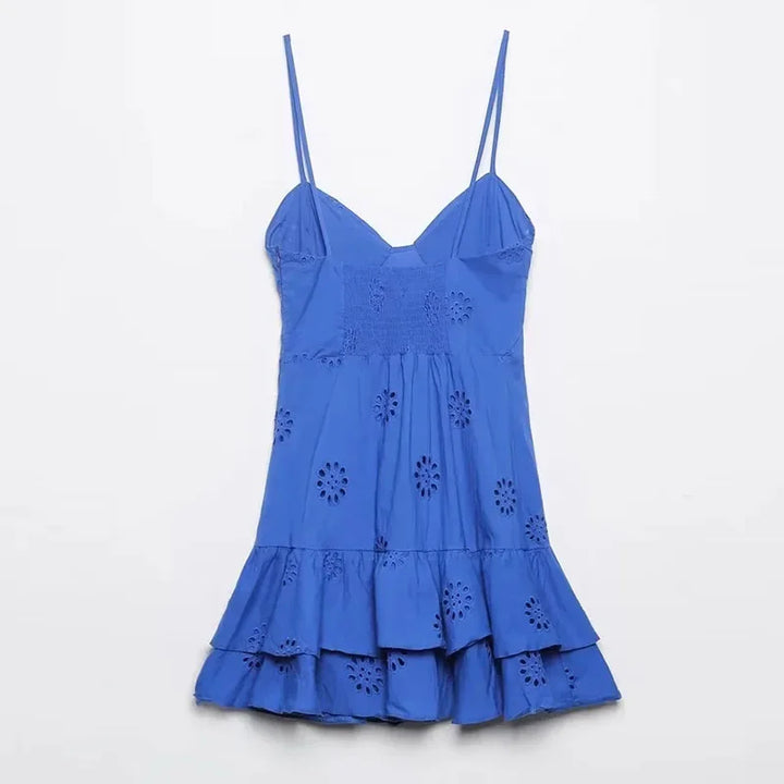 Blue Sling Thin Strap Hollow Mini Dress - Divawearfashion