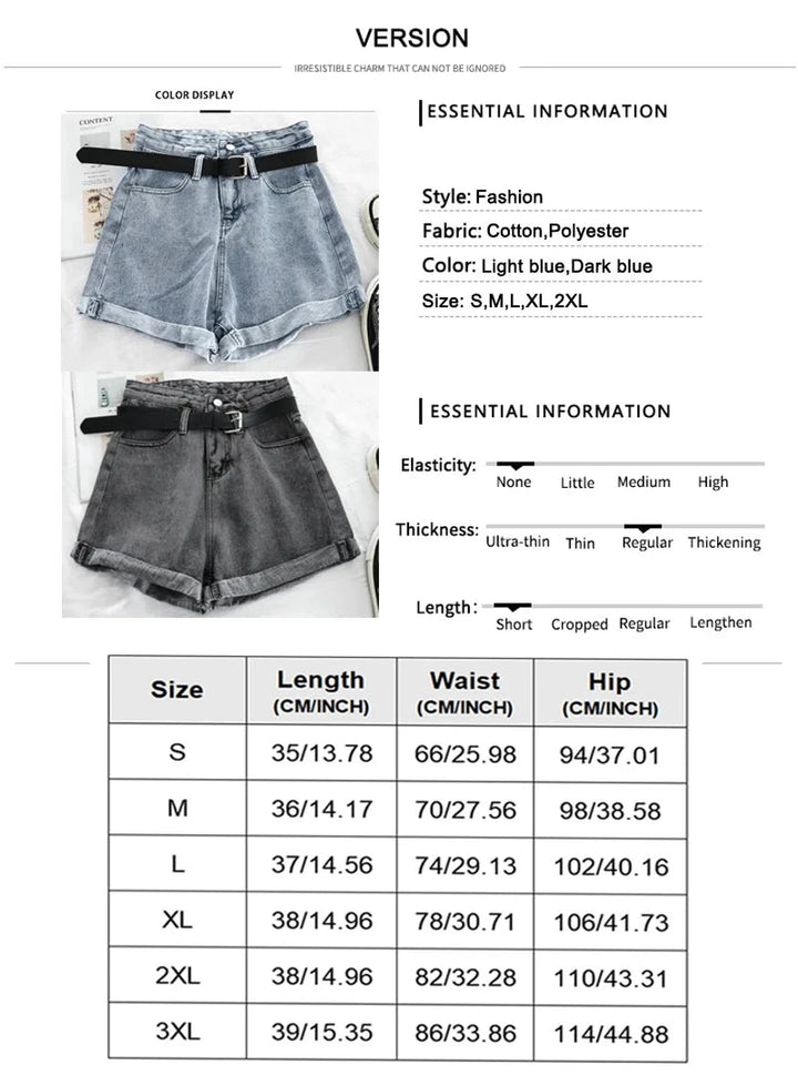 Blue & Black High Waist Casual Loose Streetwear Denim Shorts - Divawearfashion
