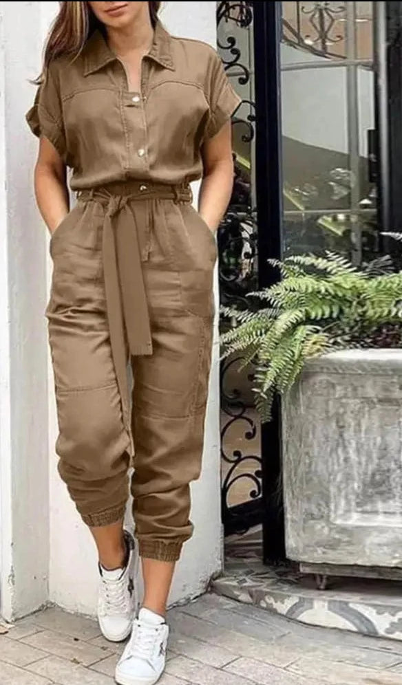 Short Sleeve Belted Casual Jumpsuit - Divawearfashion