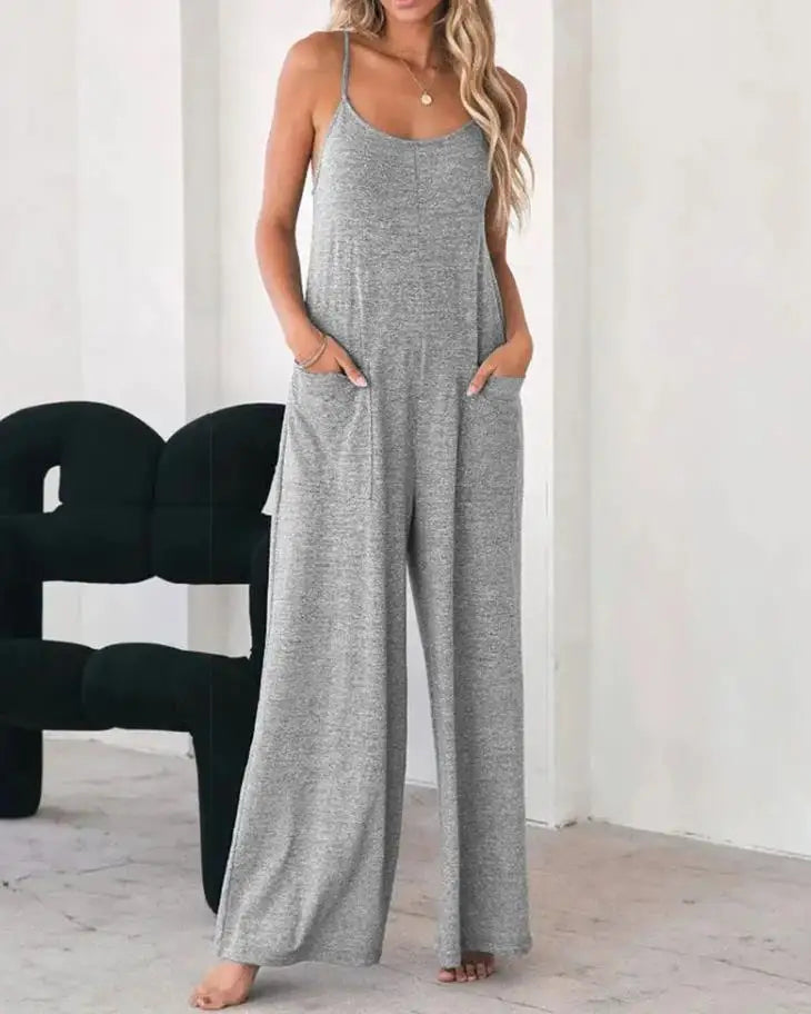 Grey Loose Jumpsuit with Pockets - Divawearfashion