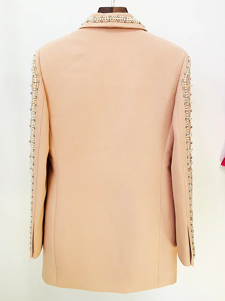 Shawl Collar Stunning Diamonds Pearls Beaded Blazer Dress - Divawearfashion