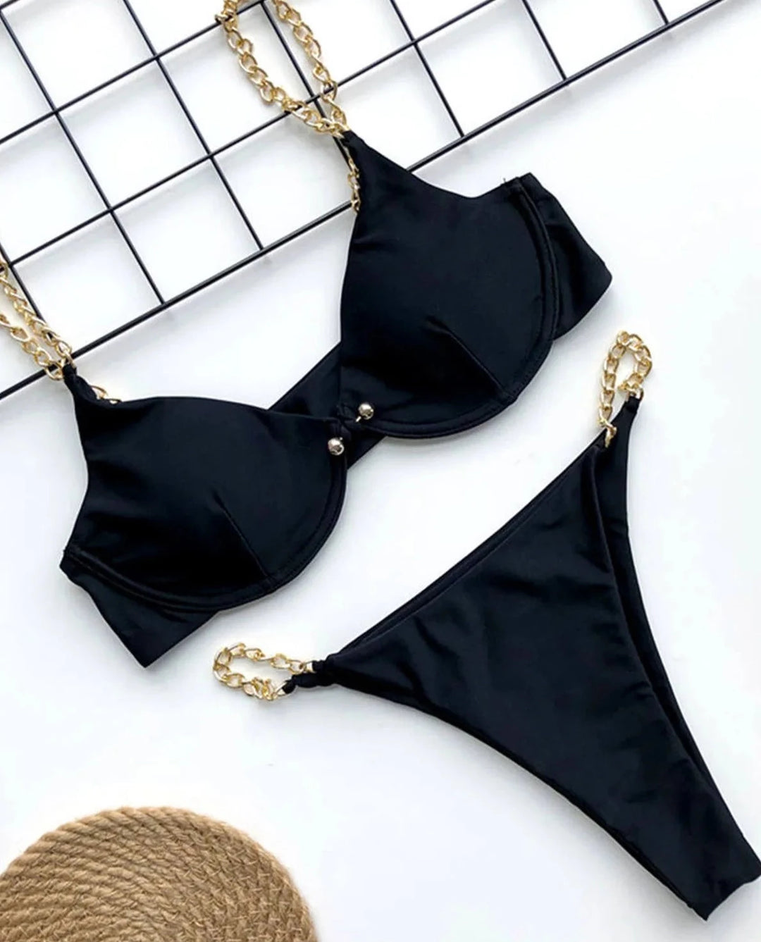 High Cut Golden Chain Two-pieces Underwire Bikini set - Divawearfashion