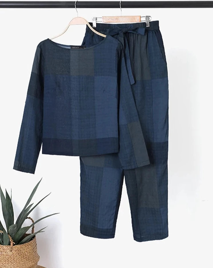 Long Sleeve Plaid Checked Blouse Casual Trousers 2PCS Matching Sets - Divawearfashion
