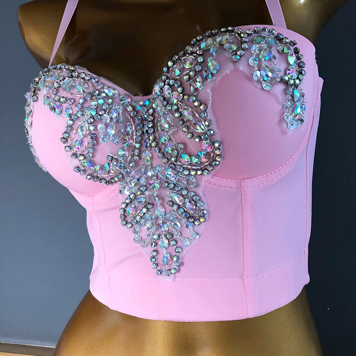 Pink High End Rhinestones Embroidery Luxury Crop Bustier Corset - Divawearfashion