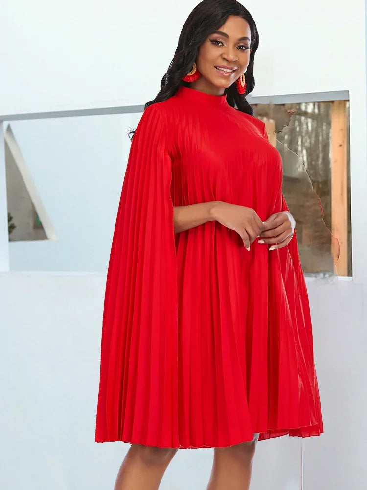 Plus Size Oversized Pleat Mock Neck Cloak Sleeve Dresses - Divawearfashion