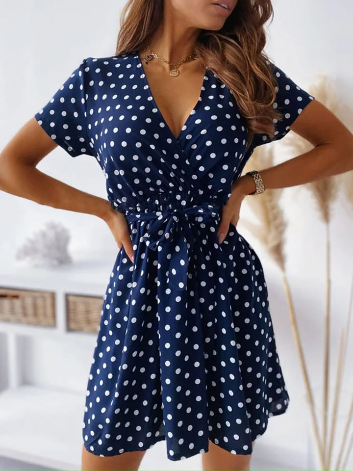 Polka Dot V Neck Mini Casual Dress - Divawearfashion