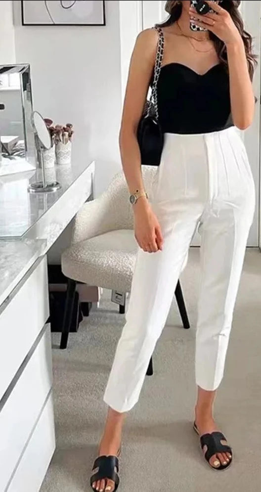 High Waist with Pockets Zipper Fly Ankle Trousers- Divawearfashion