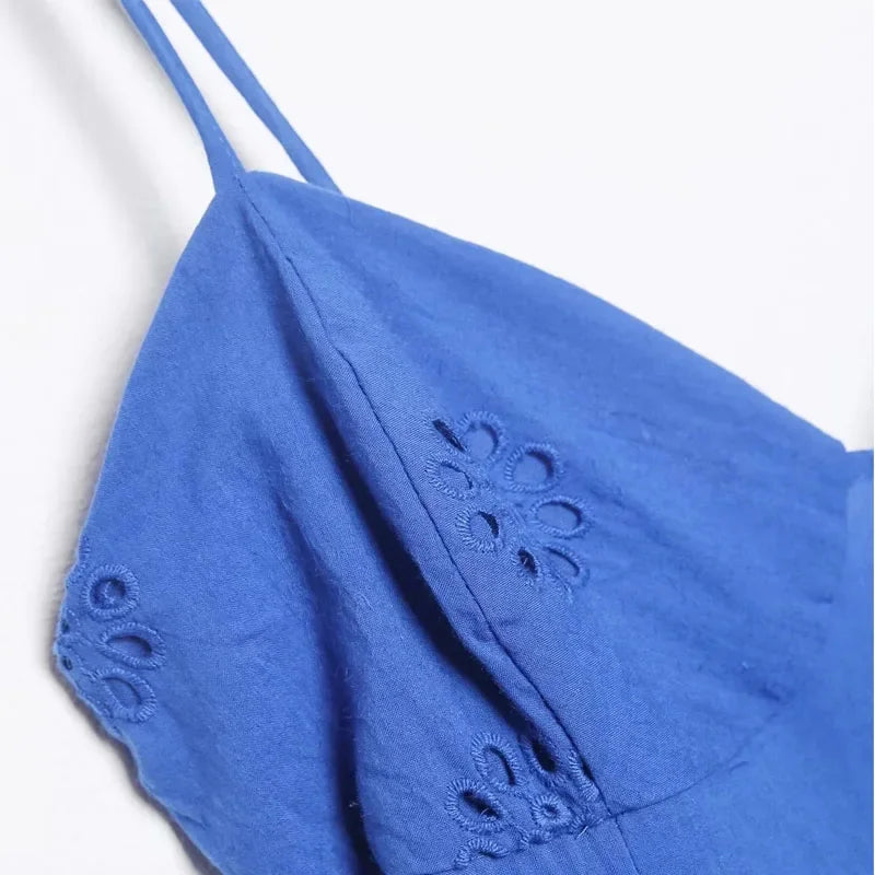 Blue Sling Thin Strap Hollow Mini Dress - Divawearfashion
