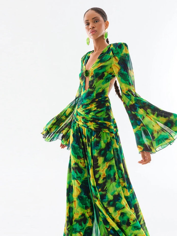 Summer Printed Long Sleeve Maxi Dress 