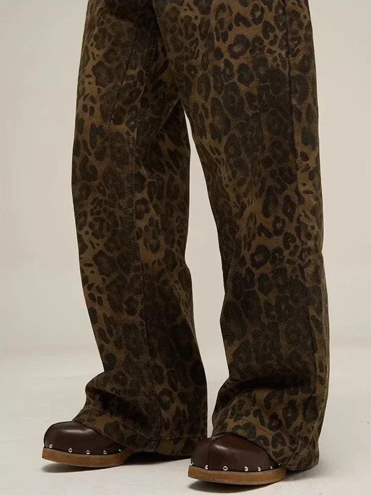Tan Leopard Oversize Wide Leg Jeans - Divawearfashion