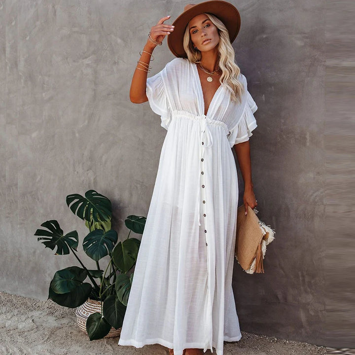 Maternity Summer Beach with V-neck & Ruffles - Divawearfashion