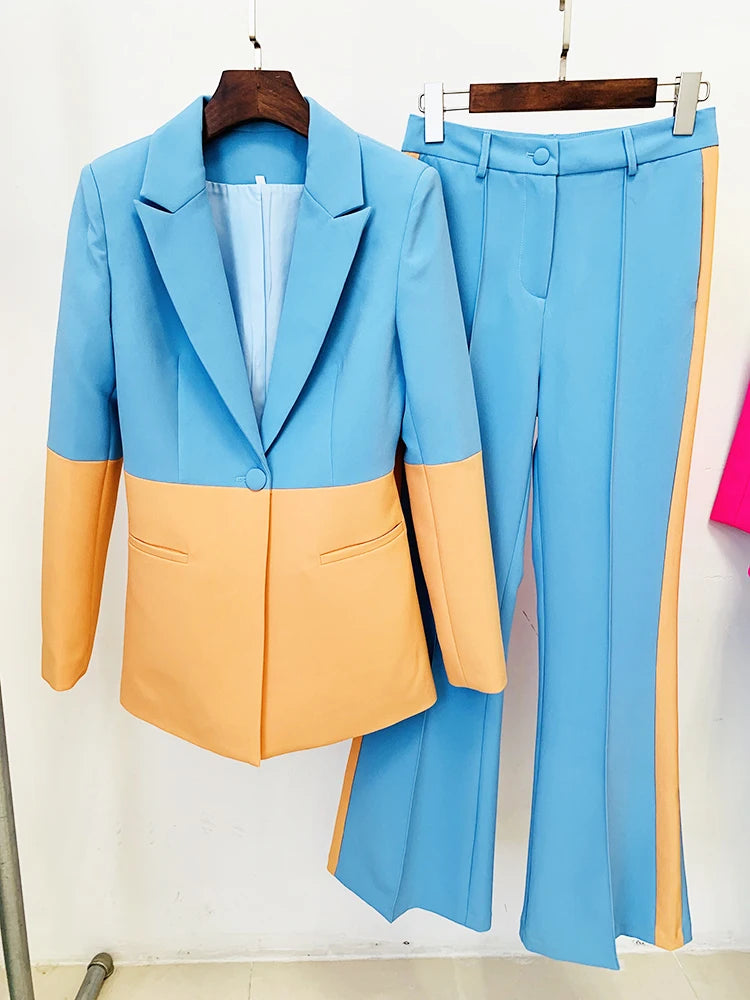 Single Button Color Block Blazer Flare Pants Suit - Divawearfashion