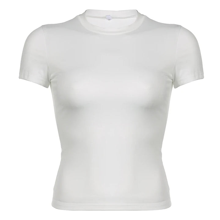 Solid Crop Top Crewneck Skinny T-Shirt - Divawearfashion