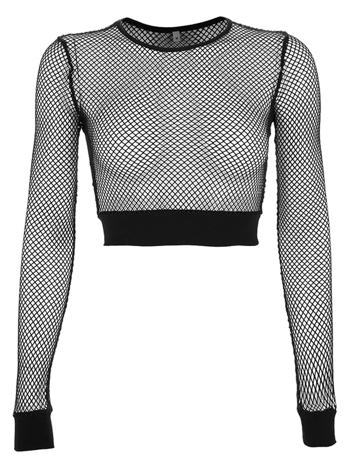 Mesh Crop Hollow Out See Through Long Sleeve Shirts - Divawearfashion