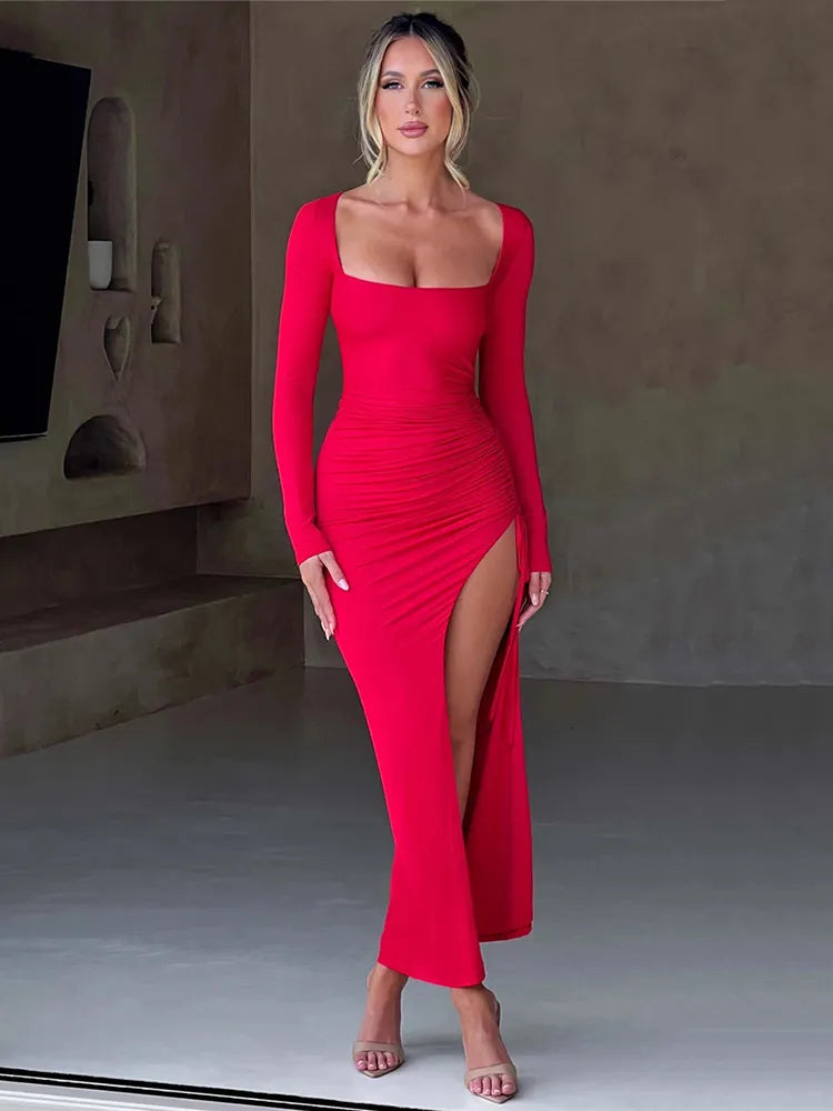 Long Sleeve Ruched High Split Maxi Bodycon Dress - Divawearfashion