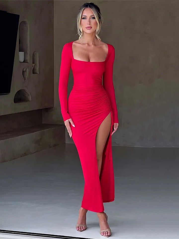 Long Sleeve Ruched High Split Maxi Bodycon Dress - Divawearfashion