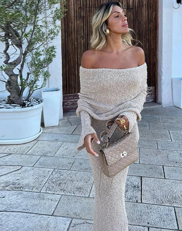Knitted Hollow Out Off The Shoulder Maxi Dress 