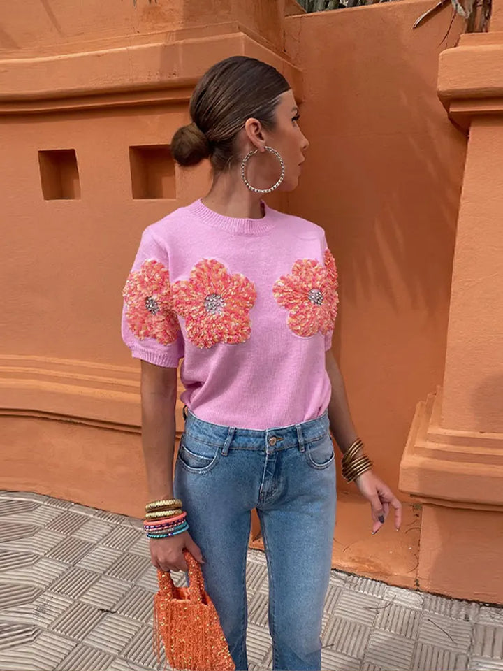 3D Flower Knitted Short Sleeve Sweater - Divawearfashion