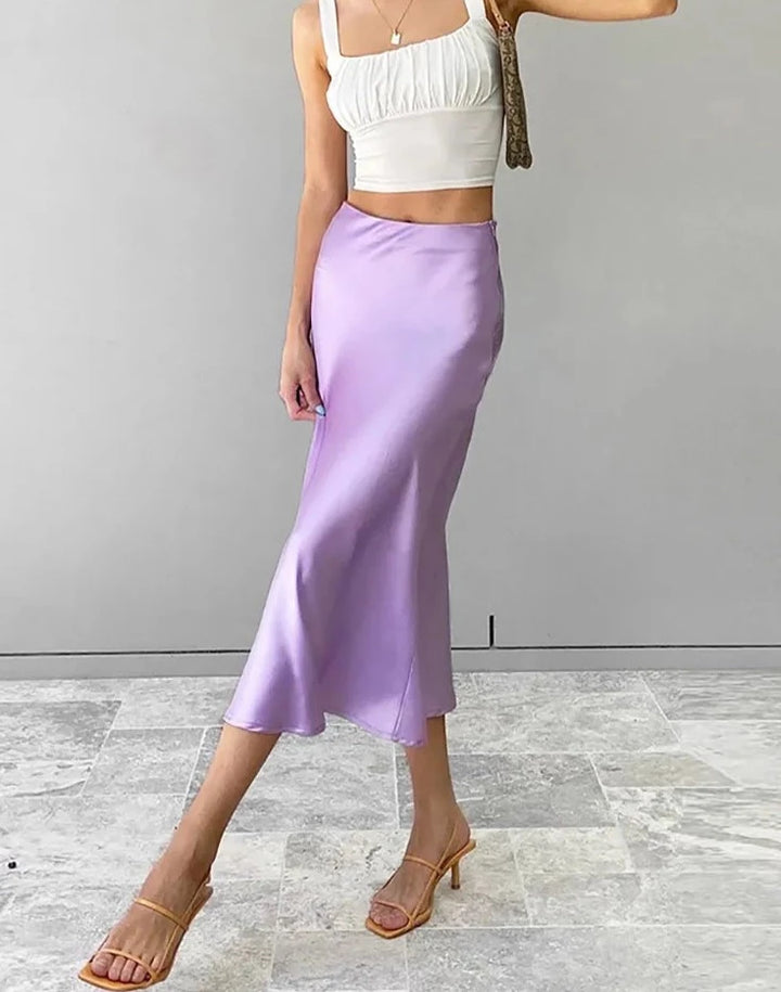 Satin Silk High Waisted Long Skirt - Divawearfashion