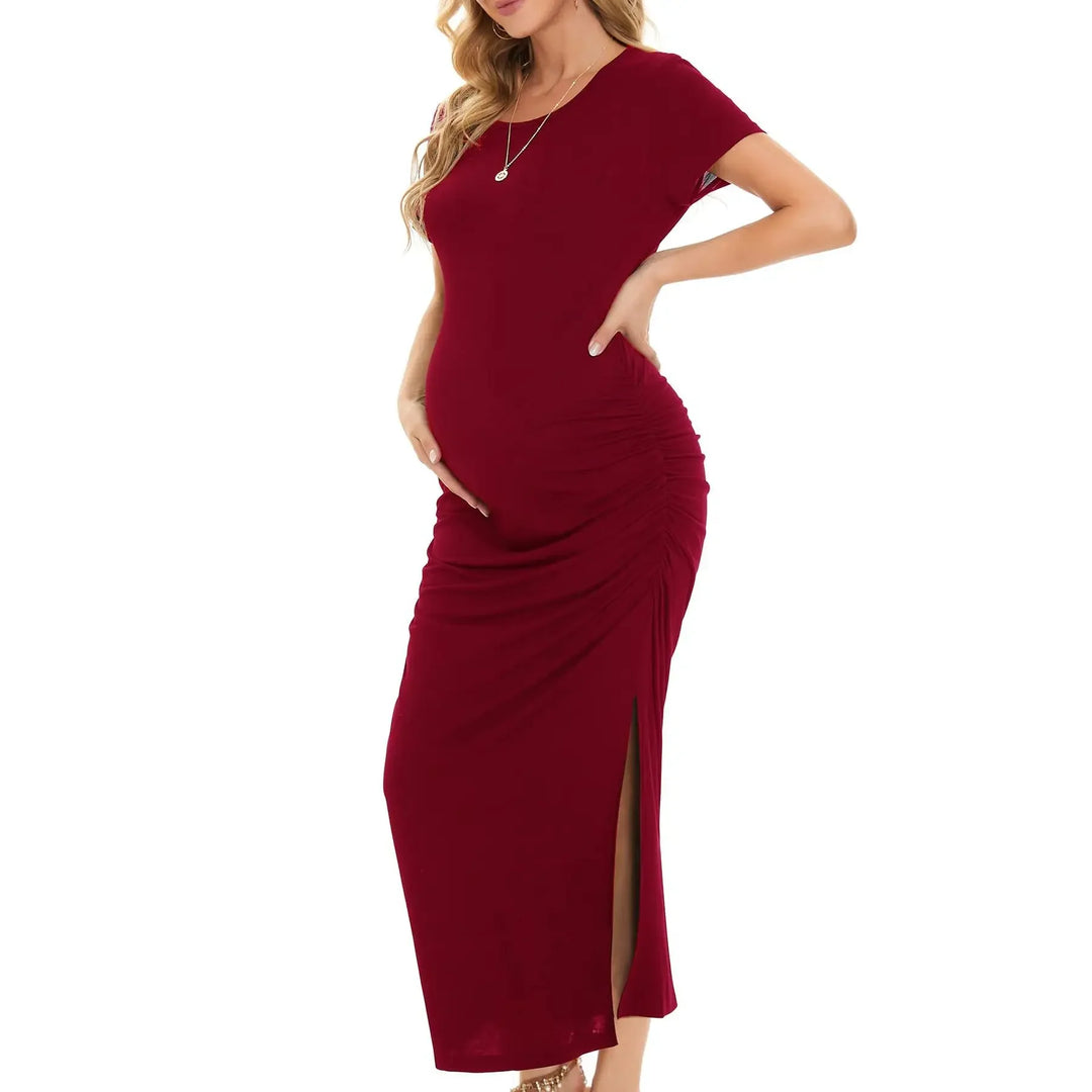 Short-sleeved Maternity Dress with a Slit - Divawearfashion