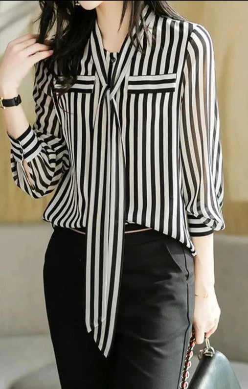 Striped Printed Long Sleeve Blouse - Divawearfashion