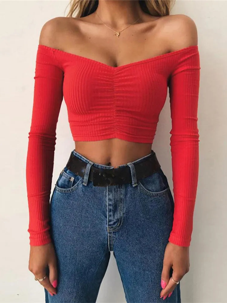 Long Sleeve Off Shoulder Solid Color T-Shirt - Divawearfashion